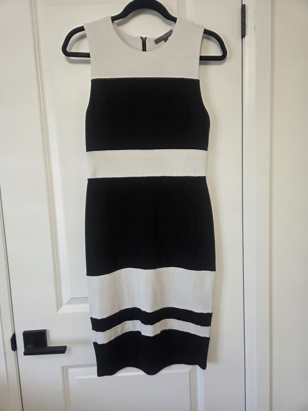 Matty M Black and White Striped Sleeveless Sheath Dress